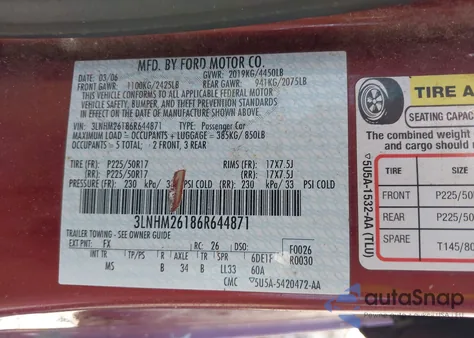 2006 Lincoln Zephyr from USA, damaged, VIN 3LNHM26186R644871